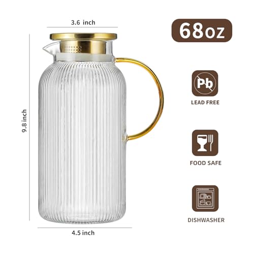 Buaic 2 PACK Glass Pitcher with Lid, 68 oz/ 2 Liter Classic Vertical Stripes Water Pitcher with Handle,Glass Water Carafe for Cold Brew, Coffee, Lemonade, Iced Sun Tea,Beverage,Heat Resistant - Image 2