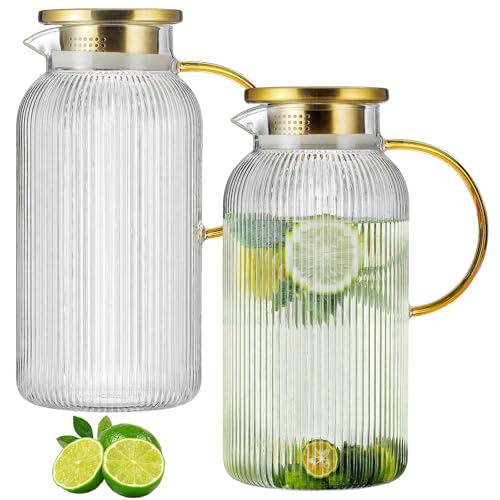Buaic 2 PACK Glass Pitcher with Lid, 68 oz/ 2 Liter Classic Vertical Stripes Water Pitcher with Handle,Glass Water Carafe for Cold Brew, Coffee, Lemonade, Iced Sun Tea,Beverage,Heat Resistant - Image 1