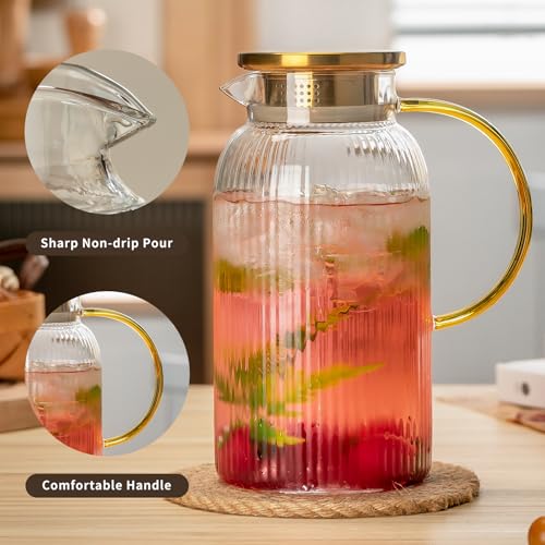 Buaic 2 PACK Glass Pitcher with Lid, 68 oz/ 2 Liter Classic Vertical Stripes Water Pitcher with Handle,Glass Water Carafe for Cold Brew, Coffee, Lemonade, Iced Sun Tea,Beverage,Heat Resistant - Image 5