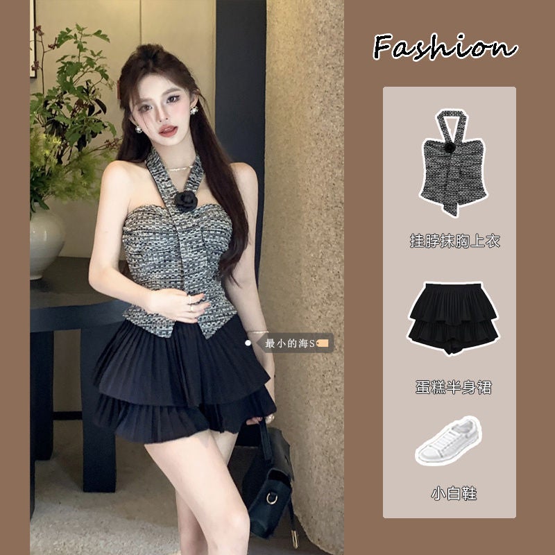 Sweet Spicy Halter Top Skirt Set for Women Strapless top skirt two (fabric)