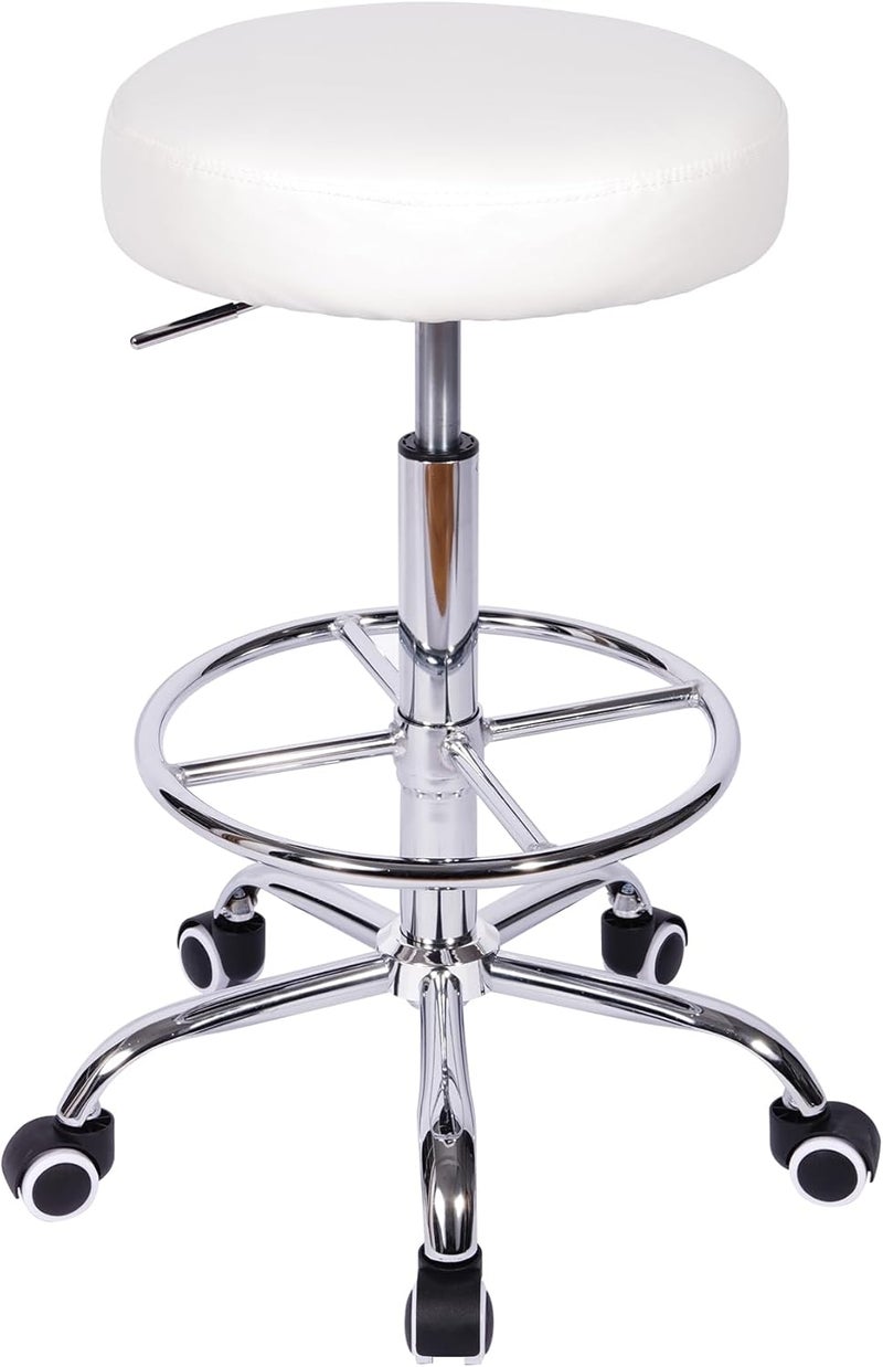 VECELO Round Rolling Stool with Footrest and Wheels Easy Assembly PU Leather Height Adjustable Drafting Swivel Chair for Spa Salon Office Medical Beauty Bar Lab White