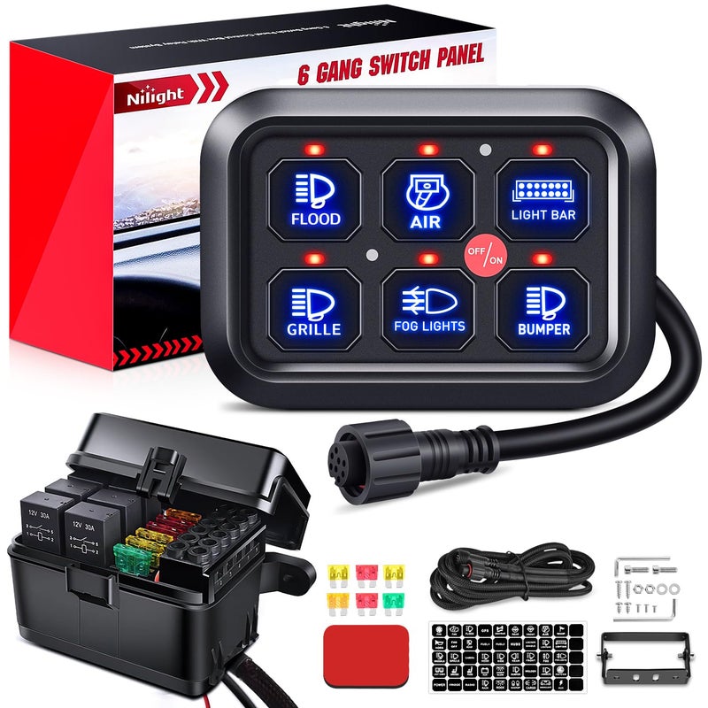 Nilight Nilight 6 Gang Switch Panel Universal Circuit Control Relay System with Fuse Wiring Harness Automatic Dimmable ON-Off LED Switch Pod for Cars Trucks Boats ATV UTV SUV, 2 Years Warranty - Image 1