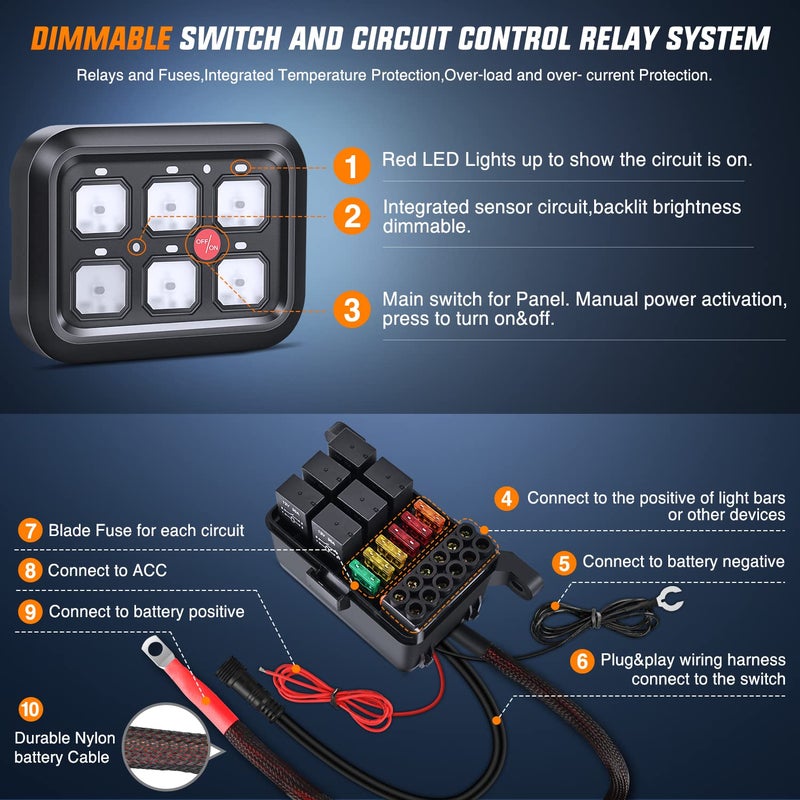 Nilight Nilight 6 Gang Switch Panel Universal Circuit Control Relay System with Fuse Wiring Harness Automatic Dimmable ON-Off LED Switch Pod for Cars Trucks Boats ATV UTV SUV, 2 Years Warranty - Image 2