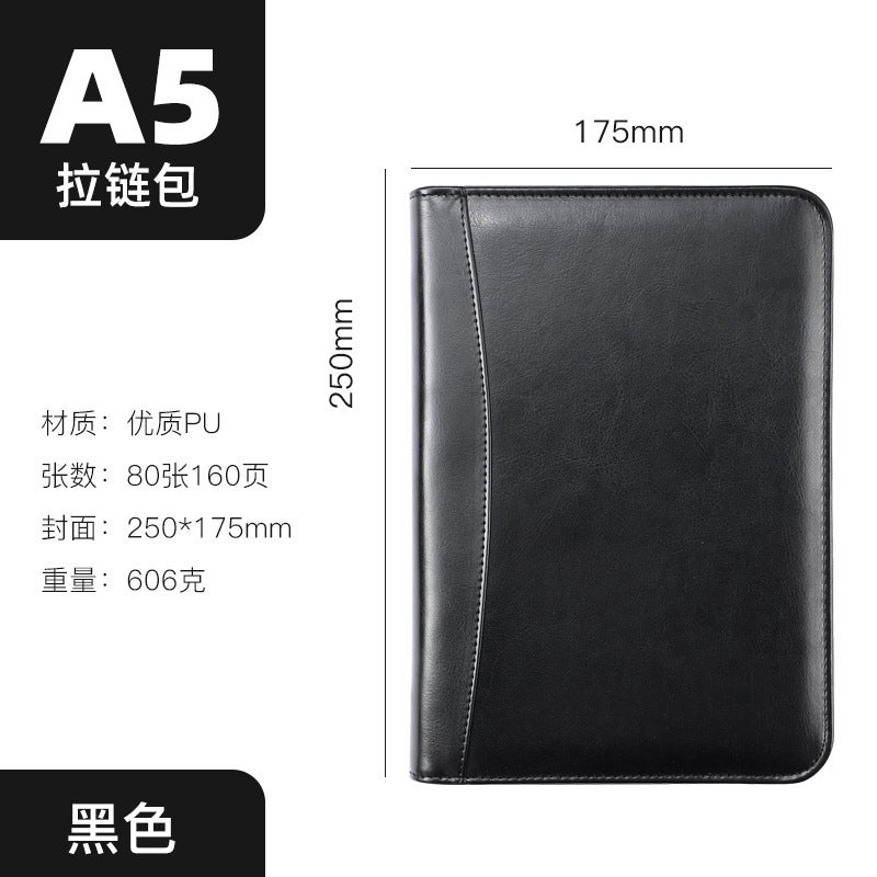 Generic A5 business notepad retro simple leather zipper bag loose-leaf multi-function manager clip notebook with Calculator Black 