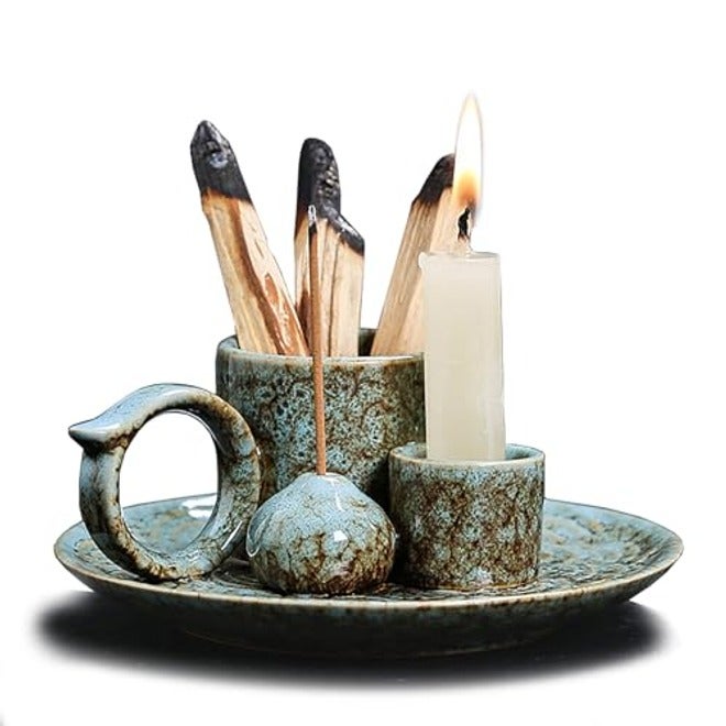 4-in-1 Ceramic Incense Burner with Handle for Sage, Palo Santo, Joss Sticks & Candles