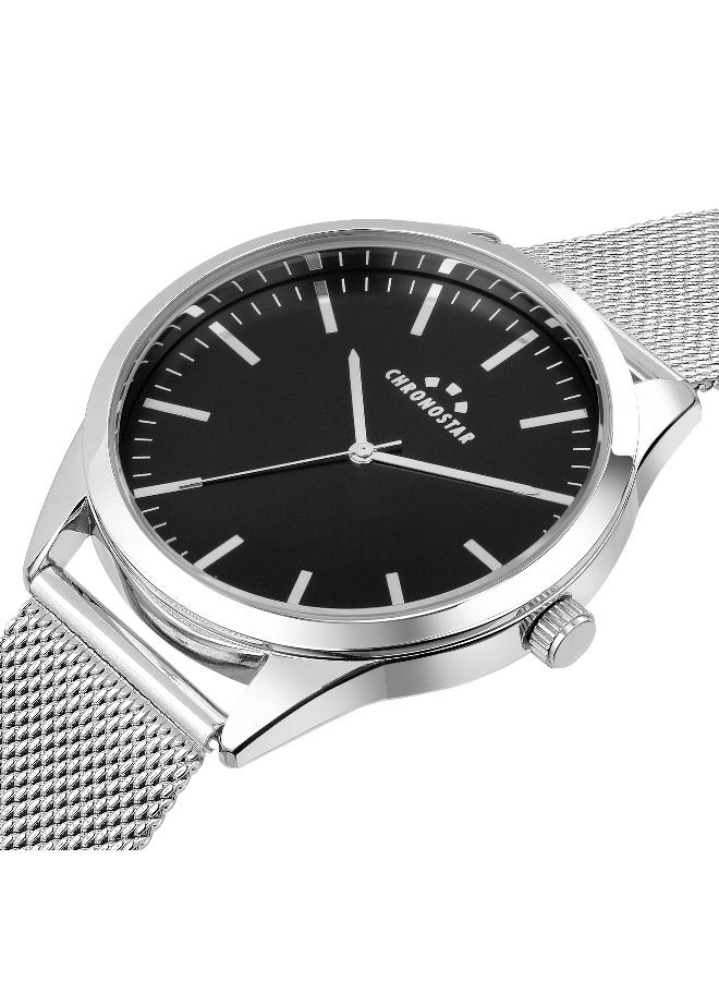 Chronostar Men's Black Round Analog Dial with Silver Stainless Steel Band Watch - 41mm - R3753298009 - Image 2