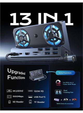 قاعدة إرساء 10 في 1 لأجهزة Steam Deck OLED&ROG Ally X&Legion Go، ومروحة تبريد مزدوجة 5 منافذ USB و4K@60 هرتز، ومنفذ شحن 100 واط يدعم وضع ROG Ally 30 واط، جيجابت إيثرنت مناسب لـ Steam Deck OLED - view 3