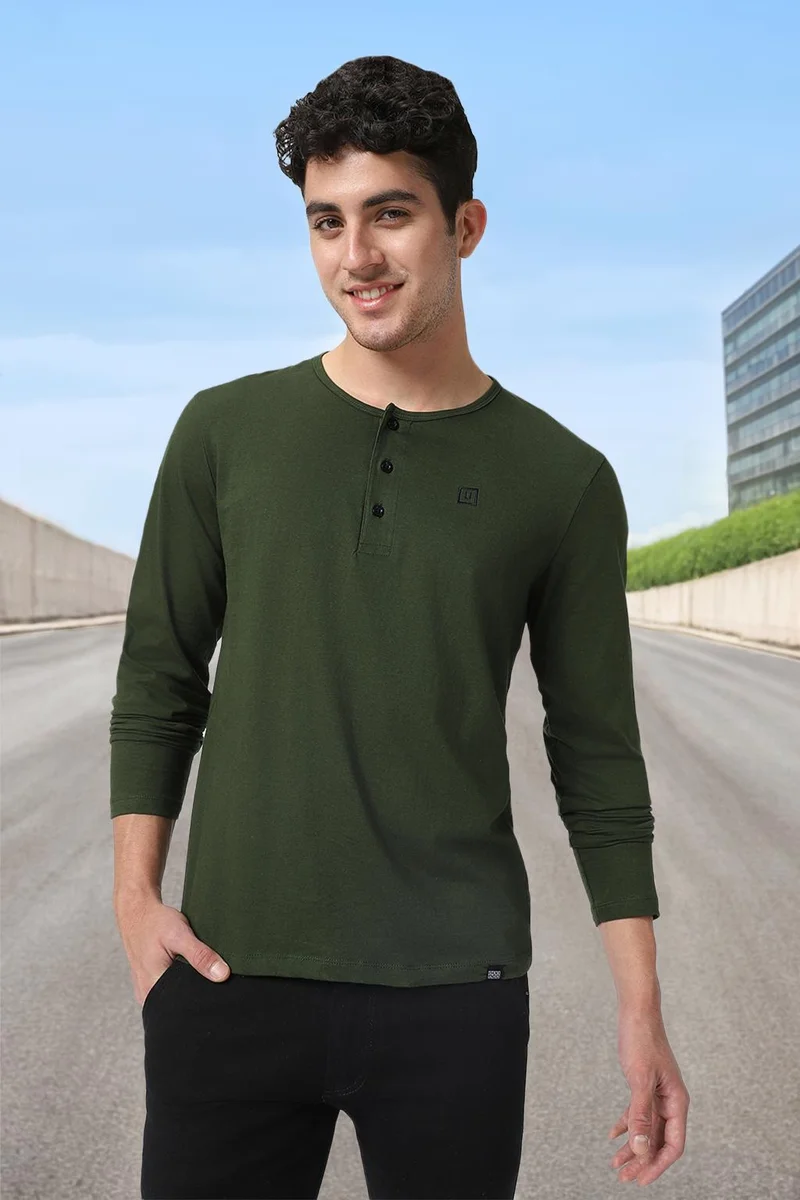 Urbano Fashion  Urbano Fashion Men's Olive Green Solid Henley Neck Slim Fit Cotton T-Shirt for Men | Best Price UAE
