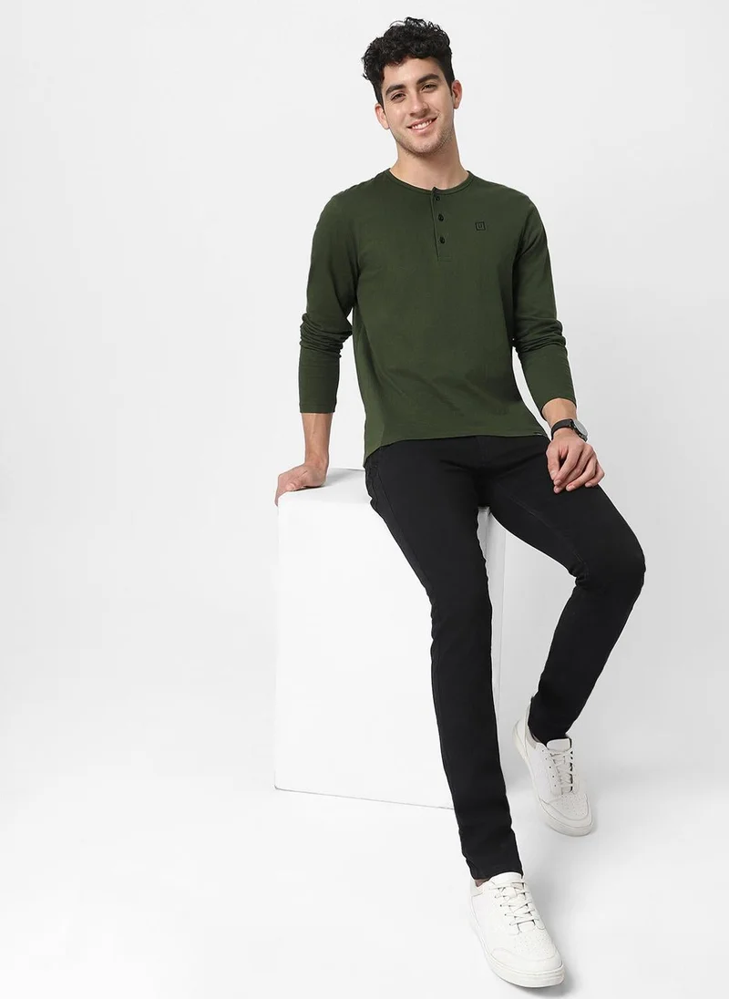 Urbano Fashion  Urbano Fashion Men's Olive Green Solid Henley Neck Slim Fit Cotton T-Shirt for Men | Best Price UAE
