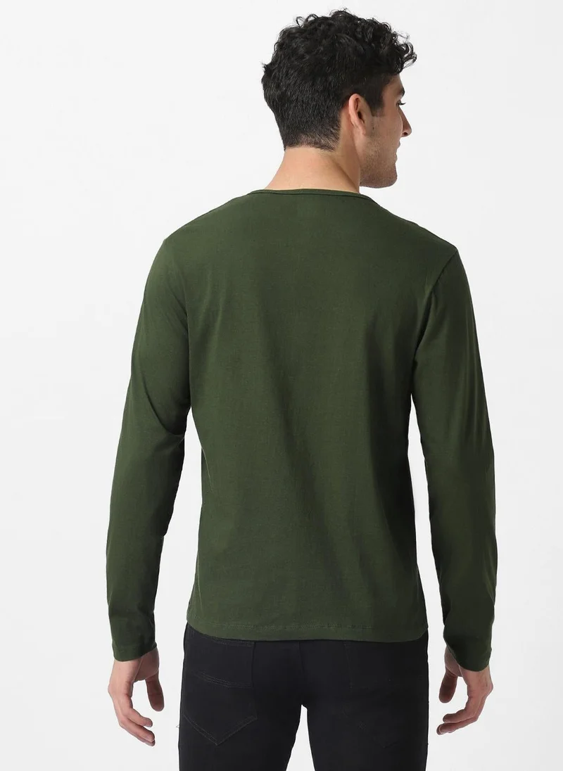 Urbano Fashion  Urbano Fashion Men's Olive Green Solid Henley Neck Slim Fit Cotton T-Shirt for Men | Best Price UAE