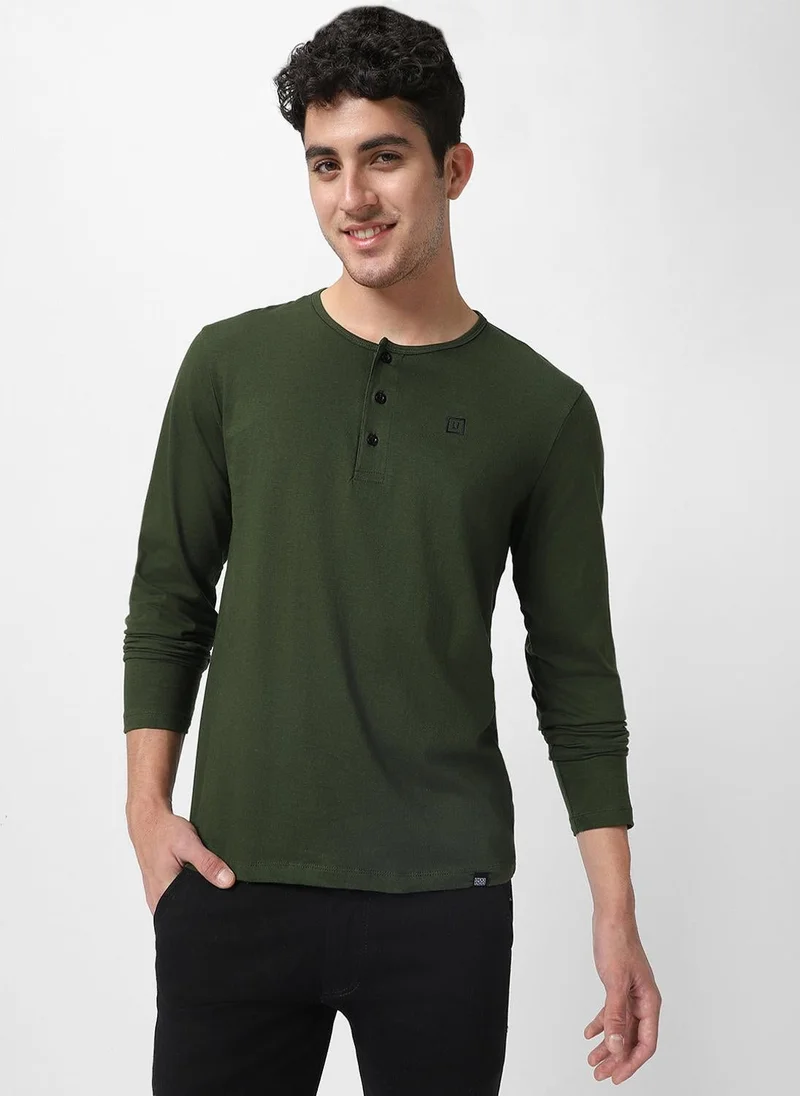 Urbano Fashion Men's Olive Green Solid Henley Neck Slim Fit Cotton T-Shirt