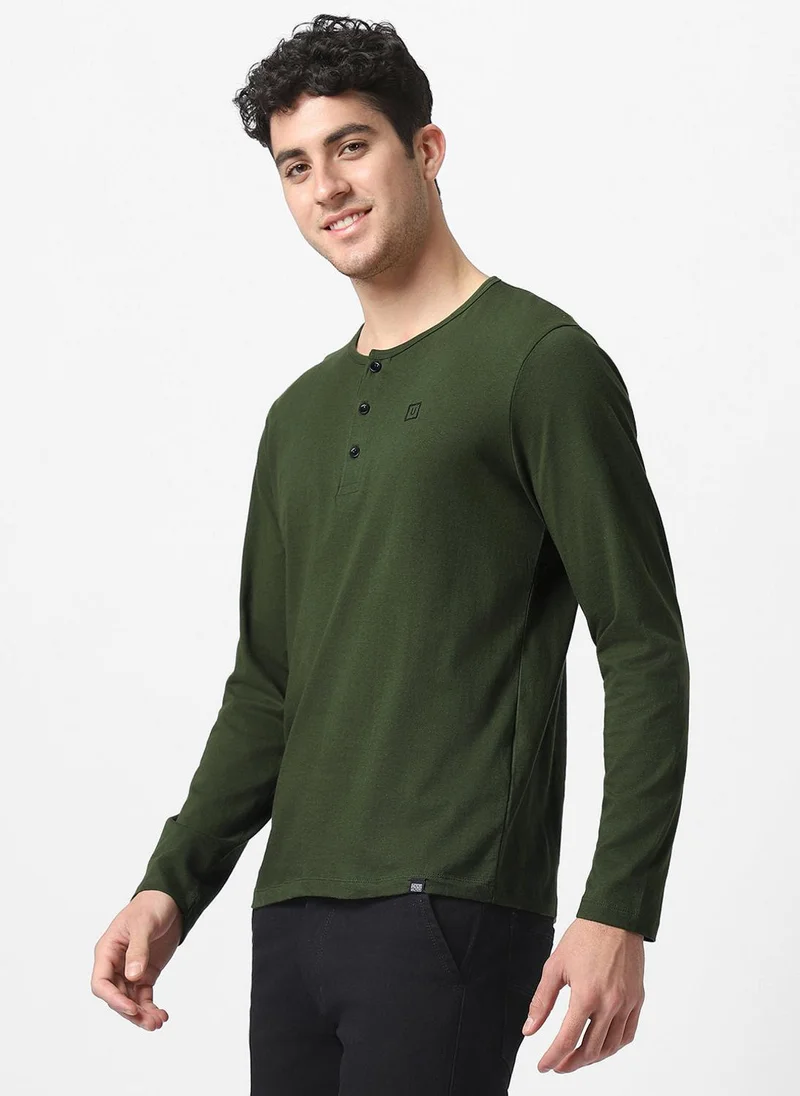 Urbano Fashion  Urbano Fashion Men's Olive Green Solid Henley Neck Slim Fit Cotton T-Shirt for Men | Best Price UAE
