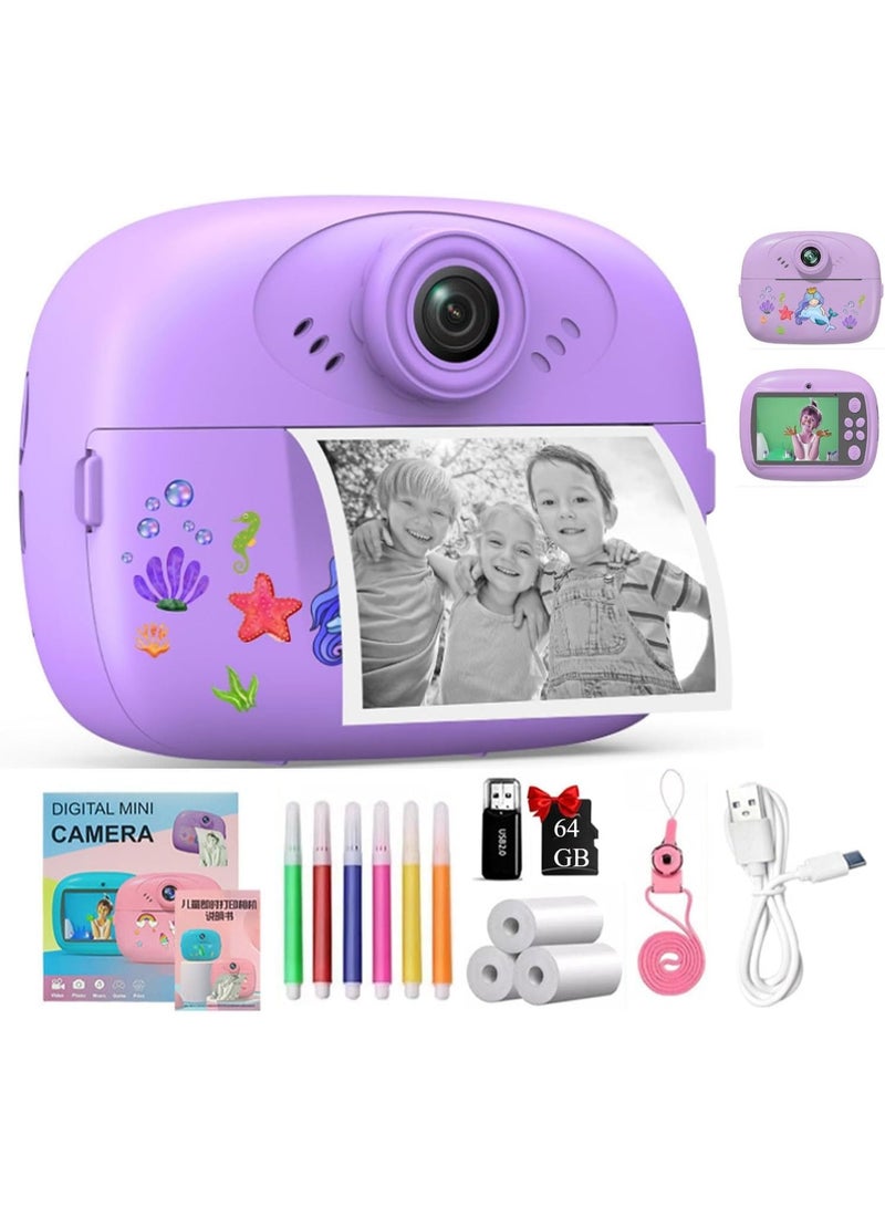 Instant Print Camera for Kids, 1080P HD Instant Print Photo with 3 Rolls Photo Paper & 5 Color Pens & DIY Graffiti, Birthday Gifts for Boys Girls (Purple) - Image 1