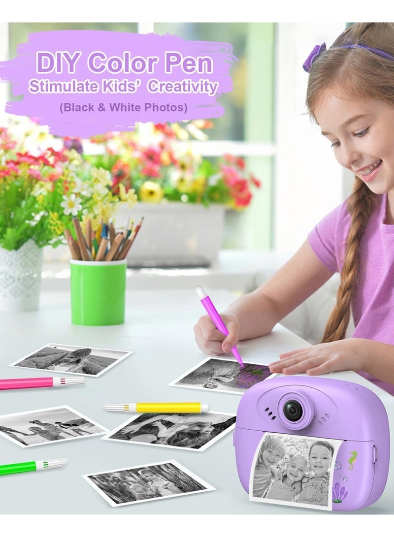 Instant Print Camera for Kids, 1080P HD Instant Print Photo with 3 Rolls Photo Paper & 5 Color Pens & DIY Graffiti, Birthday Gifts for Boys Girls (Purple) - Image 3