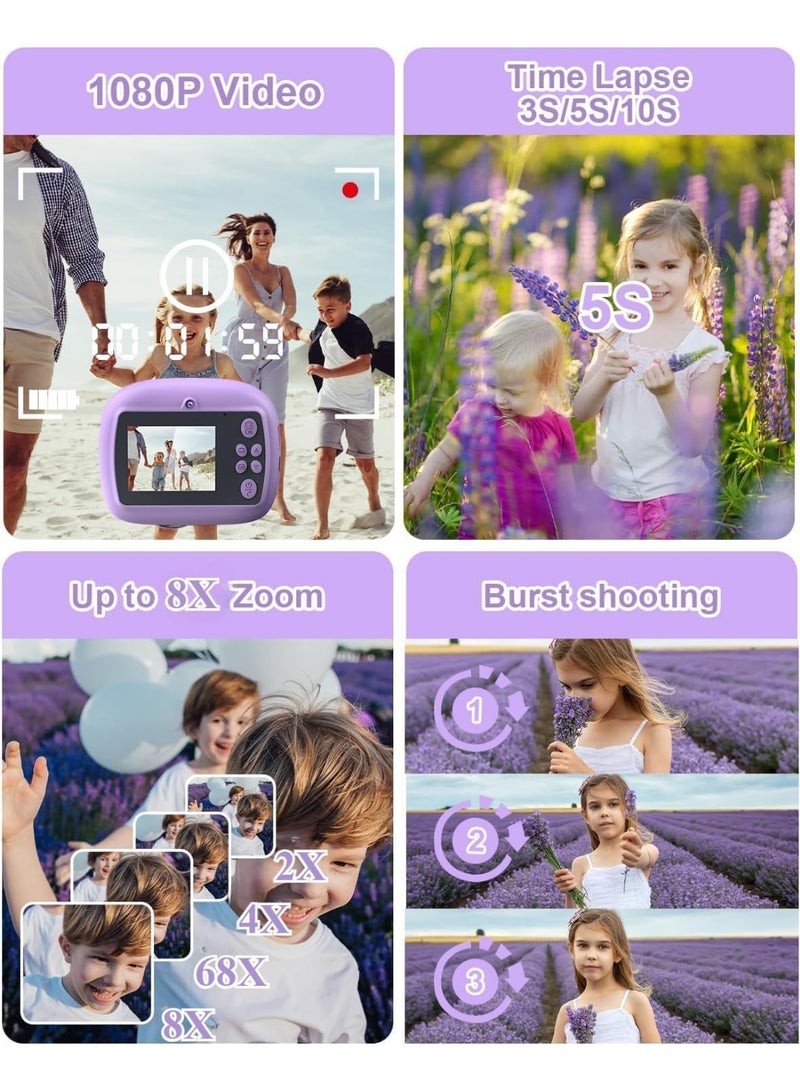 Instant Print Camera for Kids, 1080P HD Instant Print Photo with 3 Rolls Photo Paper & 5 Color Pens & DIY Graffiti, Birthday Gifts for Boys Girls (Purple) - Image 5
