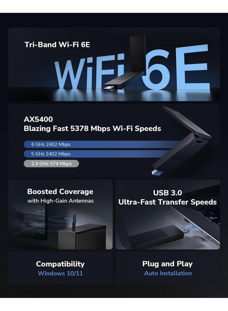 cudy WU5400 AXE5400 Tri-Band WiFi 6E USB 3.0 Adapter | 6GHz Ultra-Fast Wireless, High-Gain Antennas, 160MHz, 1024-QAM, WPA3 Security | Windows 10/11 Desktop PC WiFi Upgrade - Image 3