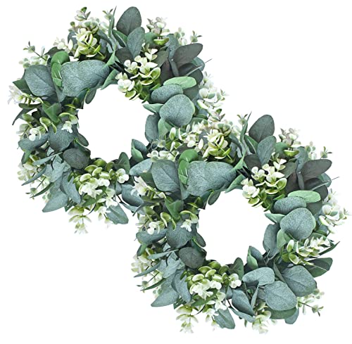 GRBAMBI 2Pc Artificial Eucalyptus Wreath Fabric Eucalyptus Leave Wreath Round Green Wreath for Farmhouse Wall Window Decor