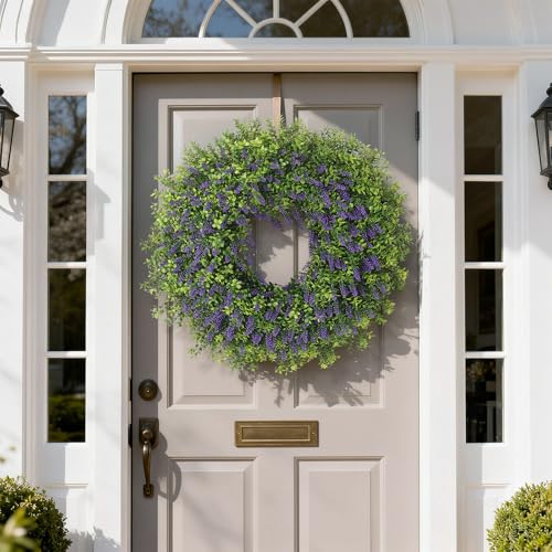 Juxdp 26" Artificial Lavender & Boxwood Wreath for Front Door - Large Faux Purple Greenery Outdoor Wreath for Home, Farmhouse, Window, Wall Decor | Spring Summer All Seasons - Image 2