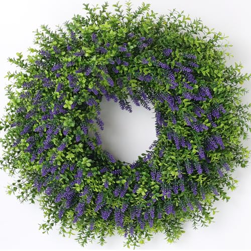 Juxdp 26" Artificial Lavender & Boxwood Wreath for Front Door - Large Faux Purple Greenery Outdoor Wreath for Home, Farmhouse, Window, Wall Decor | Spring Summer All Seasons - Image 1