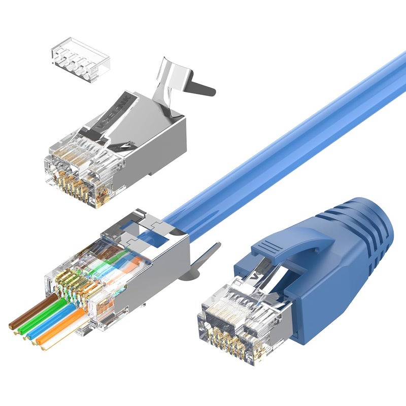 VCELINK Cat7 Cat6A RJ45 Pass Through Connectors Shielded 30-Pack, 3-Prong Gold Plated Modular Plug Ethernet Ends with Strain Relief Boots (Blue) - Image 1