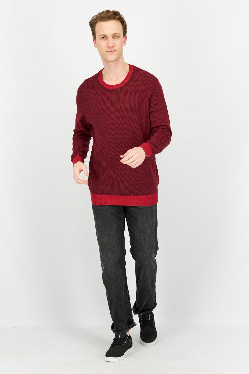 Men Crew Neck Long Sleeves Textured Sweatshirt, Red Combo
