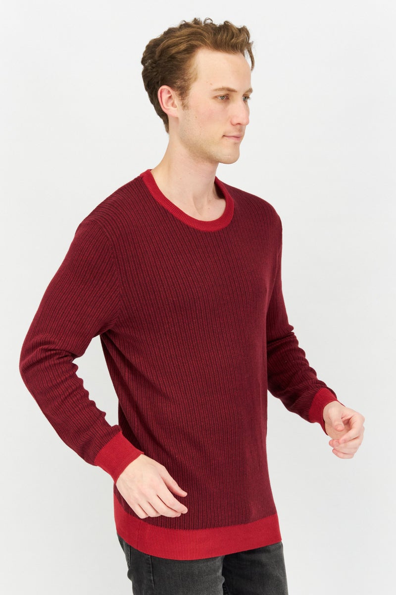 Men Crew Neck Long Sleeves Textured Sweatshirt, Red Combo