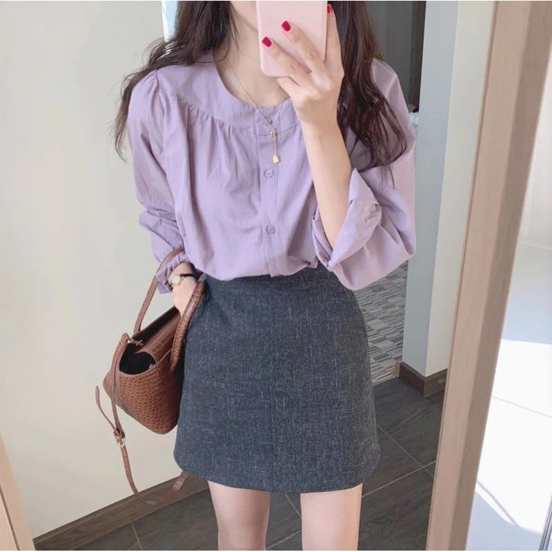 Salt Shirt Gentle Purple Shirt Women'S 2025 Spring & Fall New Elegant Round Neck Single-Breasted Long-Sleeved Top Trendy - Image 2