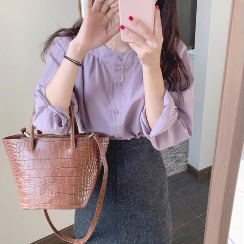 Salt Shirt Gentle Purple Shirt Women'S 2025 Spring & Fall New Elegant Round Neck Single-Breasted Long-Sleeved Top Trendy - Image 4