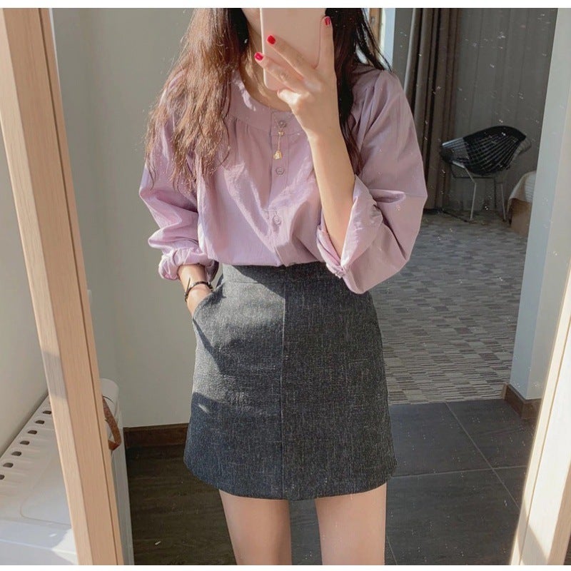 Salt Shirt Gentle Purple Shirt Women'S 2025 Spring & Fall New Elegant Round Neck Single-Breasted Long-Sleeved Top Trendy - Image 3