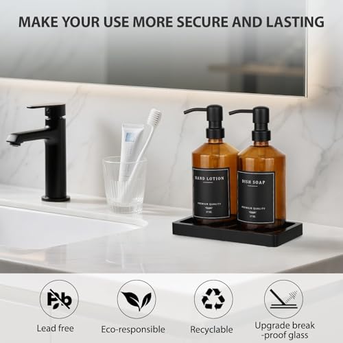 eggs sound Amber Glass Soap Dispenser, Bathroom Hand Soap Dispensers with Stainless Pump, 17 Oz Kitchen Hand and Dish Soap Dispenser Set, Modern Liquid Soap Lotion Dispenser (Amber Bottle/Black Pump) - Image 5