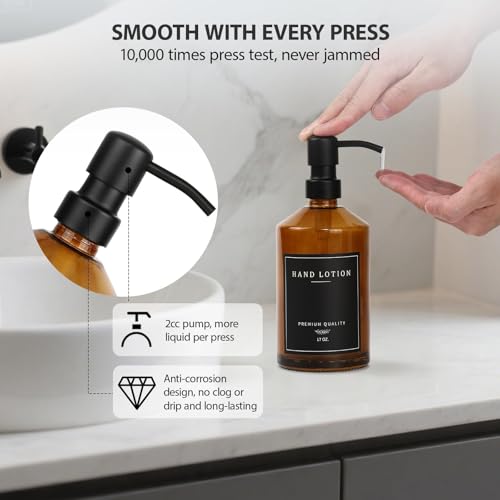eggs sound Amber Glass Soap Dispenser, Bathroom Hand Soap Dispensers with Stainless Pump, 17 Oz Kitchen Hand and Dish Soap Dispenser Set, Modern Liquid Soap Lotion Dispenser (Amber Bottle/Black Pump) - Image 3