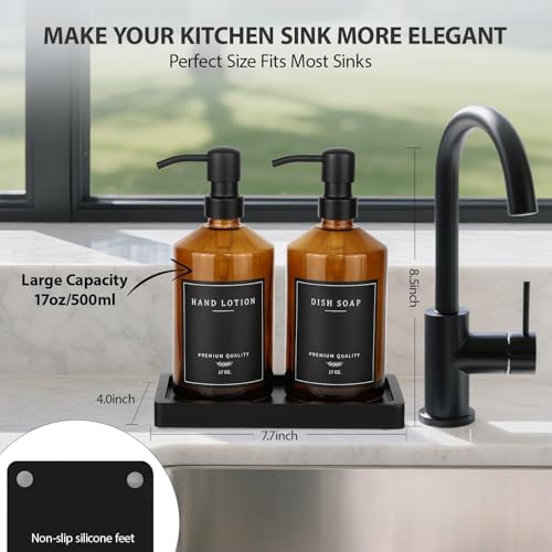 eggs sound Amber Glass Soap Dispenser, Bathroom Hand Soap Dispensers with Stainless Pump, 17 Oz Kitchen Hand and Dish Soap Dispenser Set, Modern Liquid Soap Lotion Dispenser (Amber Bottle/Black Pump) - Image 2