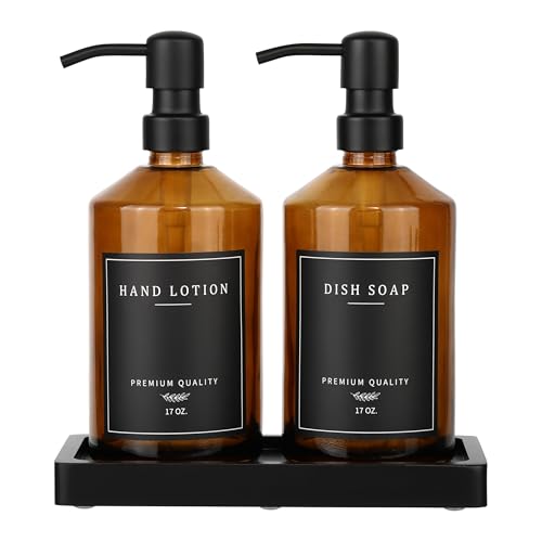 eggs sound Amber Glass Soap Dispenser, Bathroom Hand Soap Dispensers with Stainless Pump, 17 Oz Kitchen Hand and Dish Soap Dispenser Set, Modern Liquid Soap Lotion Dispenser (Amber Bottle/Black Pump) - Image 1