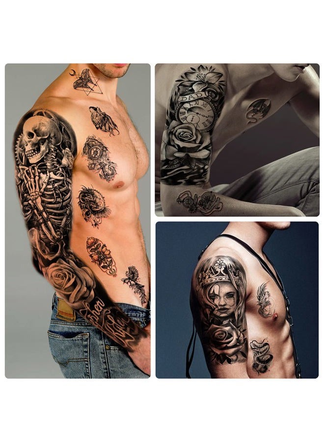 Metuu 46 Sheets Full Arm Temporary Tattoo Waterproof For Men(L22.8“xW7”), Fake Tattoos for Women Lion Tiger Clock Flower Skeleton Animals Design, Hand Forearm Shoulder 3D Temporary Tattoos Stickers - Image 4