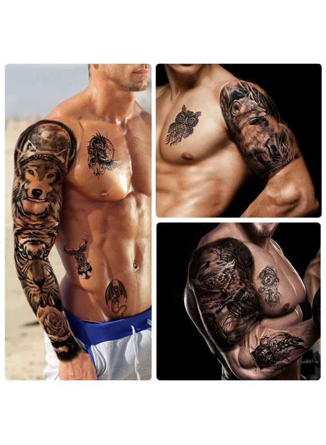 Metuu 46 Sheets Full Arm Temporary Tattoo Waterproof For Men(L22.8“xW7”), Fake Tattoos for Women Lion Tiger Clock Flower Skeleton Animals Design, Hand Forearm Shoulder 3D Temporary Tattoos Stickers - Image 3