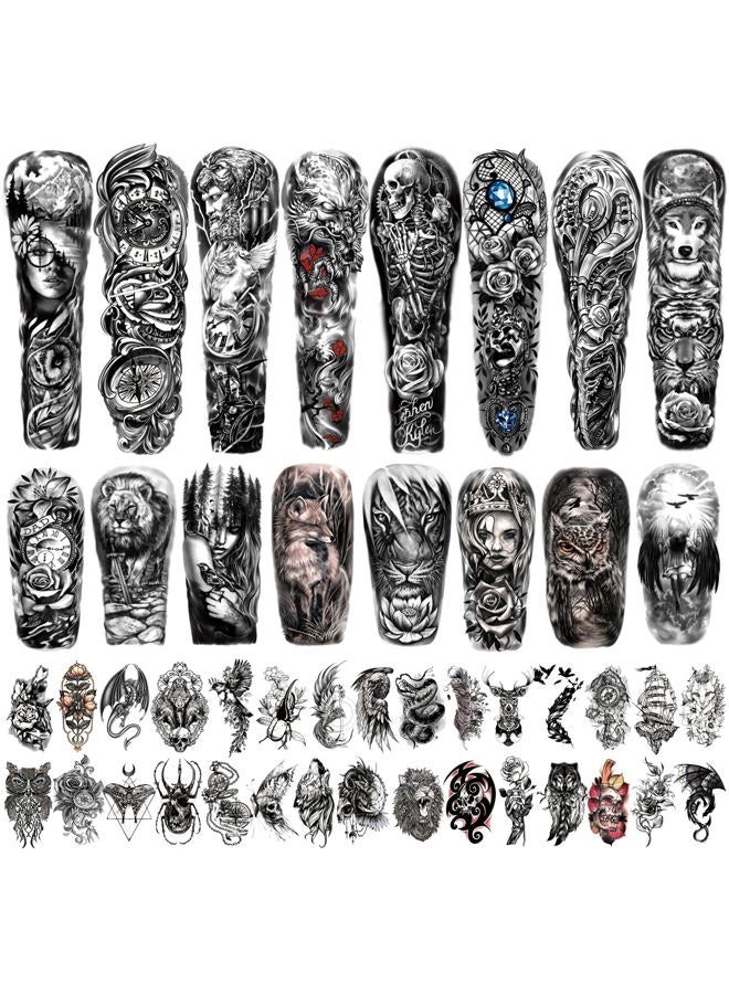 Metuu 46 Sheets Full Arm Temporary Tattoo Waterproof For Men(L22.8“xW7”), Fake Tattoos for Women Lion Tiger Clock Flower Skeleton Animals Design, Hand Forearm Shoulder 3D Temporary Tattoos Stickers - Image 1