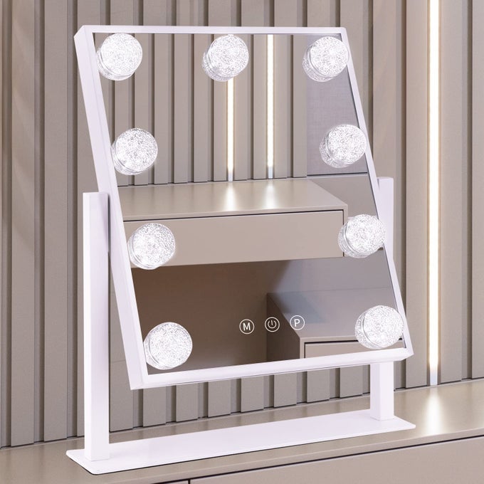 VANITY MIRROR WITH LIGHTS HOLLYWOOD LIGHTED MAKEUP MIRROR WITH 3 COLOR MODES AND 9 DIMMABLE DIAMOND LED LIGHT BULBS DETACHABLE 10X MAGNIFICATION 360 ROTATION TOUCH CONTROL WHITE