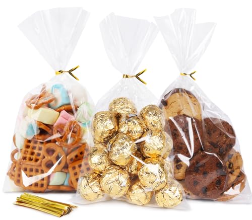 SUREHOME Cellophane Bags, 100 Pack Clear Gift Bag Cellophane Treat Bags with Ties 6x10 Inch Plastic Small Cello Candy Bag for Party Favors Easter Goodie Graduation Cookies Bakery Popcorn Wraps - Image 1