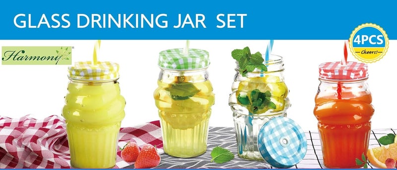 Harmony 4Pcs Set Glass Drinking Jars with Metal Lids and Straws - 450ml