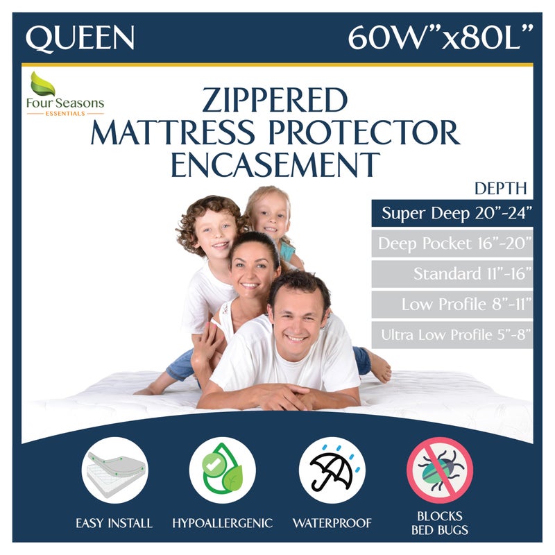 Four Seasons Essentials Super Deep Pocket Mattress Encasement - Queen - Zippered Bedbug Waterproof Protector for Very Deep Mattresses 20-24 inch Depth - Image 1