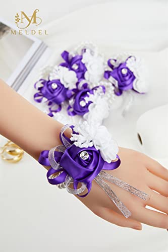 Meldel Wrist Corsages for Wedding, Set of 2, Classic Purple Artificial Wrist Corsage Bracelets for Wedding Mother of Bride and Groom, Rose Wrist Hand Prom Flower Ceremony Anniversary,Party, Gift - Image 2