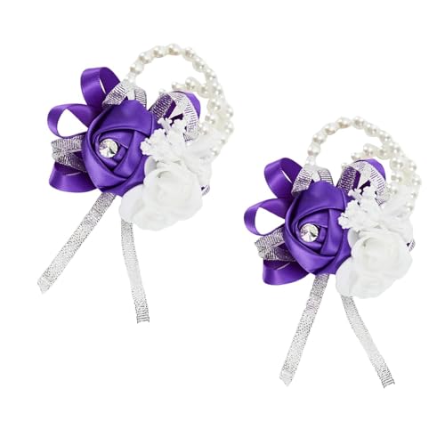 Meldel Wrist Corsages for Wedding, Set of 2, Classic Purple Artificial Wrist Corsage Bracelets for Wedding Mother of Bride and Groom, Rose Wrist Hand Prom Flower Ceremony Anniversary,Party, Gift - Image 1