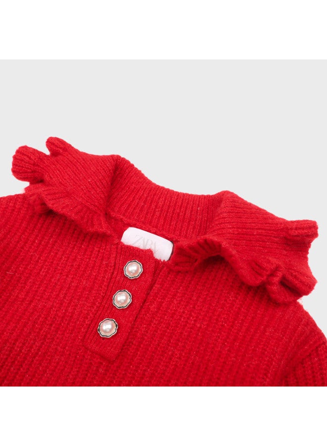 Zara Fashionable And Modern Kids' Floral Lapel Long-sleeve Knit Midi Dress For Chinese New Year - Image 4