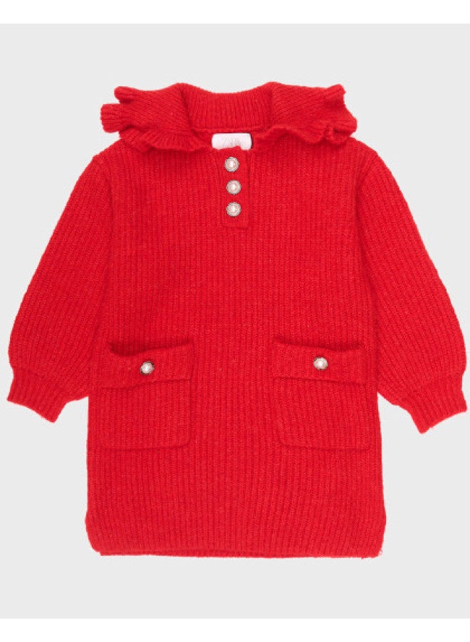 Zara Fashionable And Modern Kids' Floral Lapel Long-sleeve Knit Midi Dress For Chinese New Year - Image 1