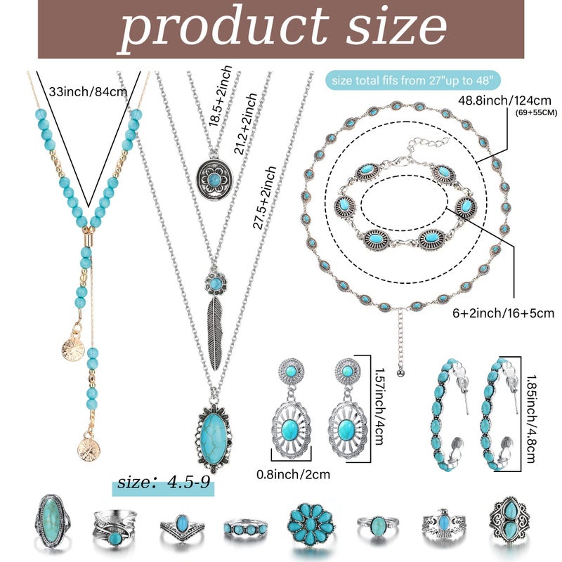 Florideco Bohemian Turquoise Jewelry for Women Men Western Set Adjustable Belt Rings and Necklace Vintage Drop Earrings Bracelet Boho Turquoise Jewelry for Women - Image 2
