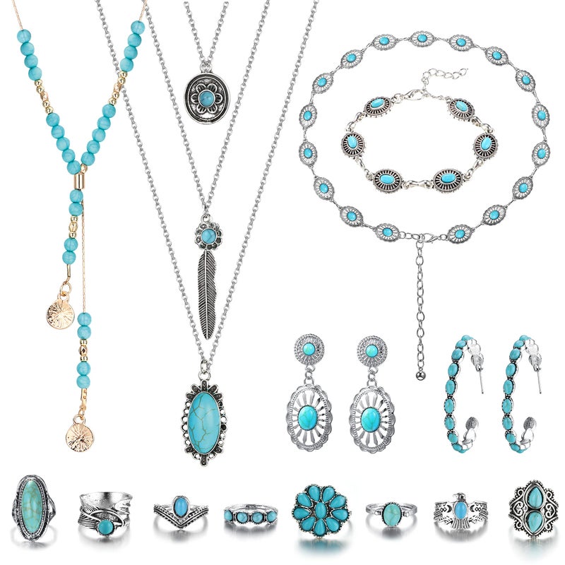 Florideco Bohemian Turquoise Jewelry for Women Men Western Set Adjustable Belt Rings and Necklace Vintage Drop Earrings Bracelet Boho Turquoise Jewelry for Women - Image 1