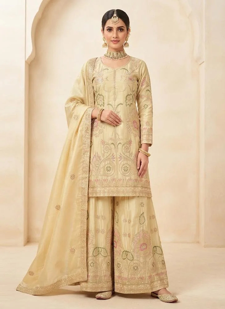 Viny VINY Beige 3-Piece Floral Embroidered Sharara Suit Set – Women's Indian Ethnic Wear