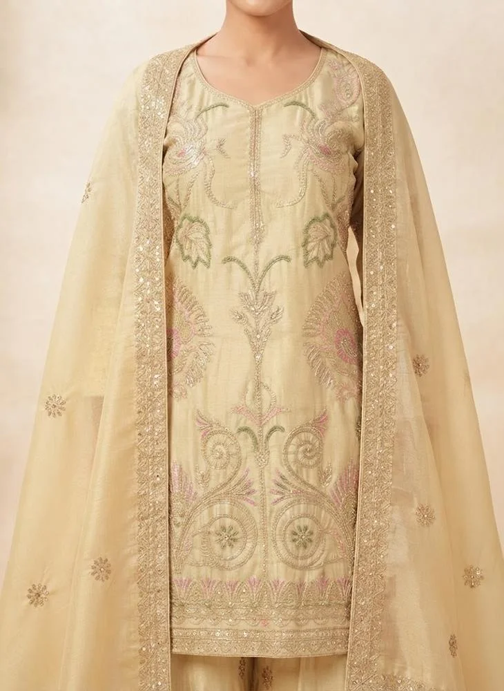 Viny VINY Beige 3-Piece Floral Embroidered Sharara Suit Set – Women's Indian Ethnic Wear