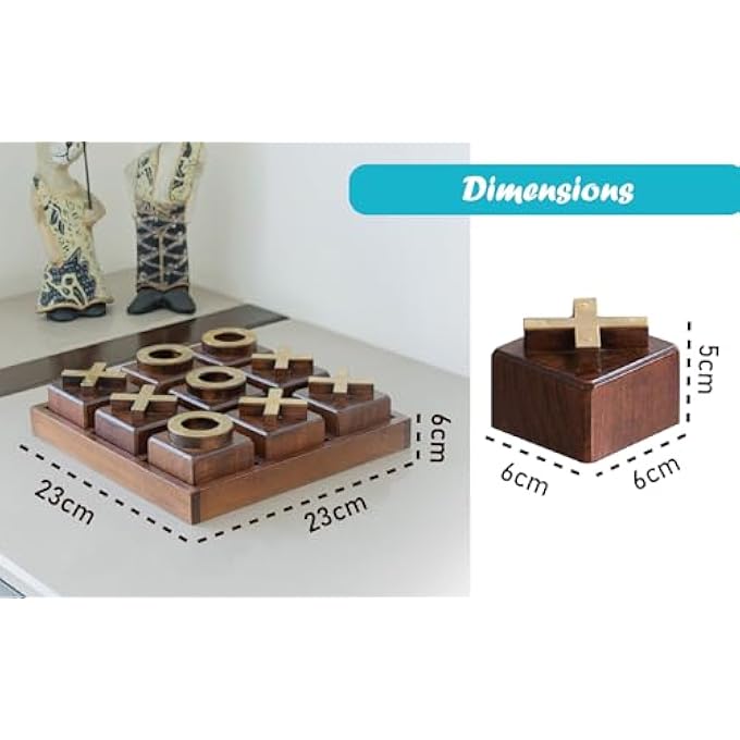 LABZIO Premium Wooden TicTacToe Board Game  Handcrafted Board with 9 Brass Symbols  Classic Indoor Outdoor Party Toy for Kids  Adults  Fun Entertainment  Coffee Table Home Decor Set - Image 4