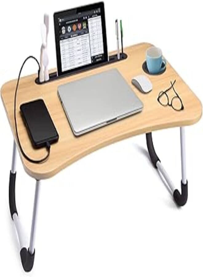 Laptop Desk & Stand, Folding Bed Table For Working From Home and Studying, Small Portable & Foldable Lap Trays With Tablet and Cup Holder, Overbed Adjustable Desks & Tables For Eating and Working